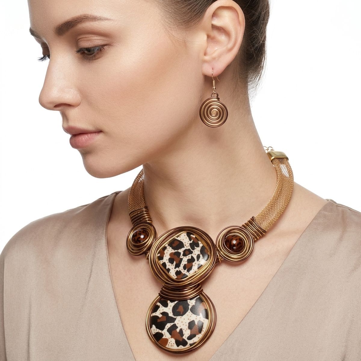 Leopard Wire Wrap Pendant Gold Tribal Necklace