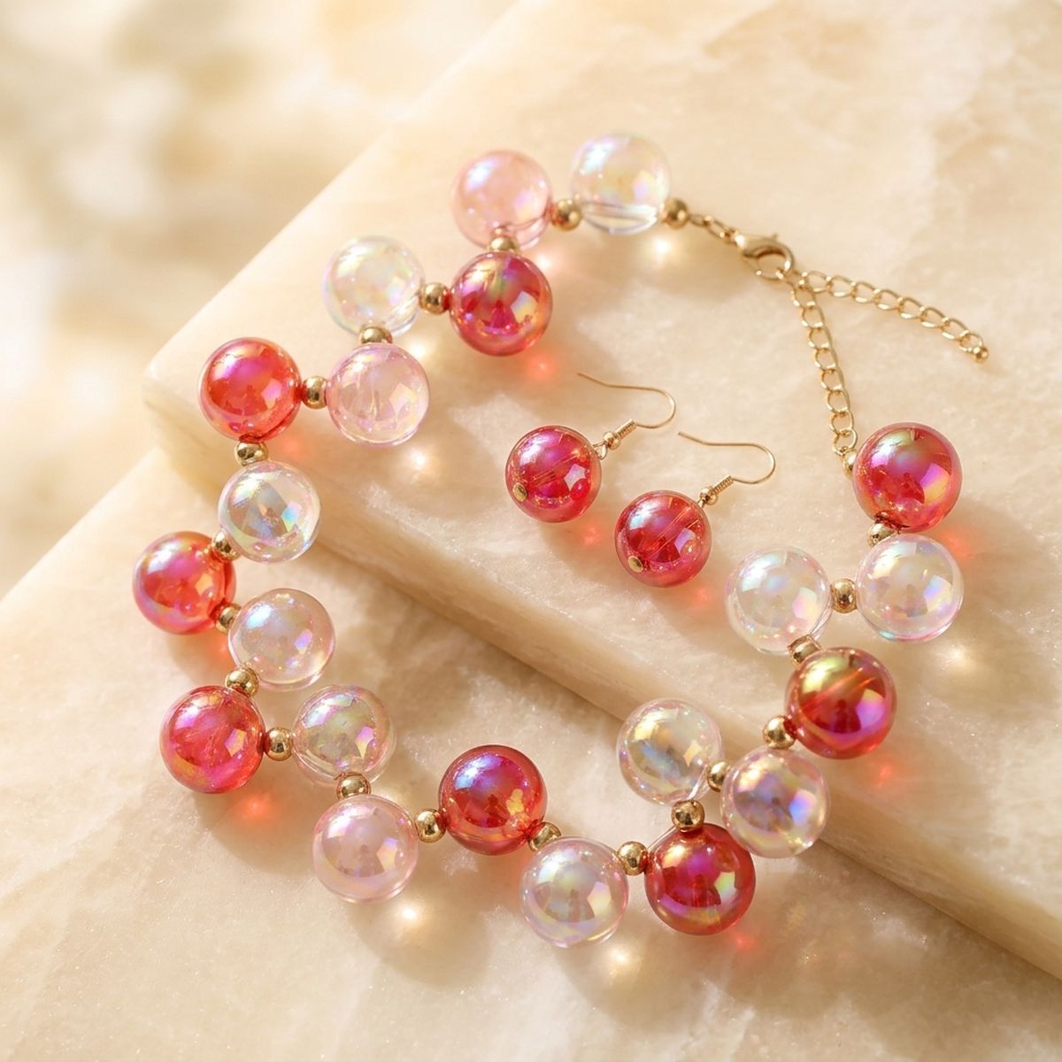 Red & Pink Mix Iridescent Bubble Ball Bead Necklace
