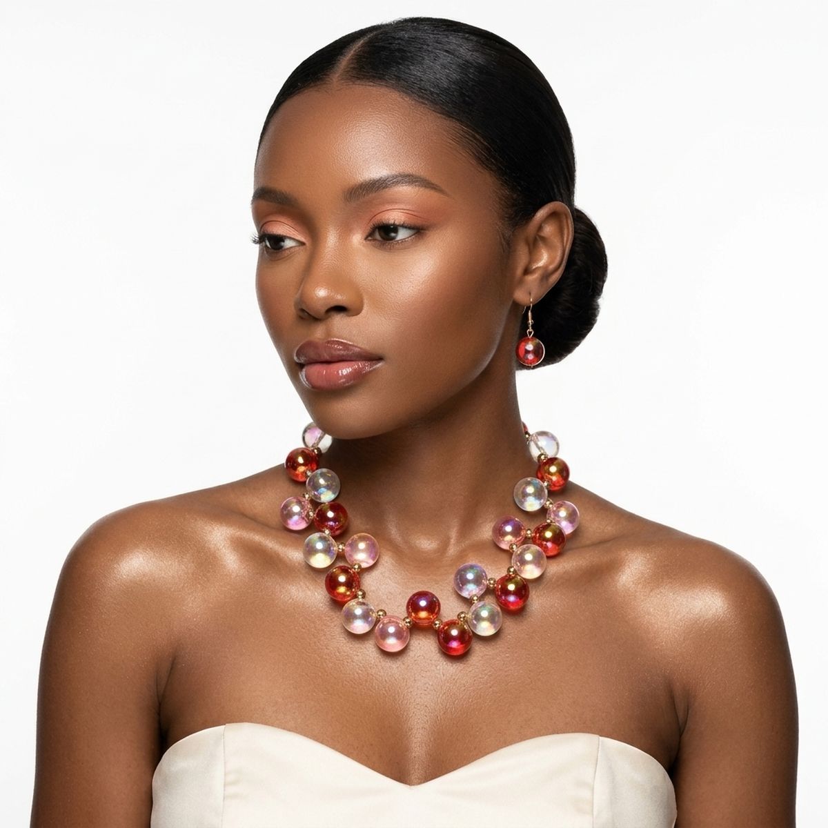 Red & Pink Mix Iridescent Bubble Ball Bead Necklace