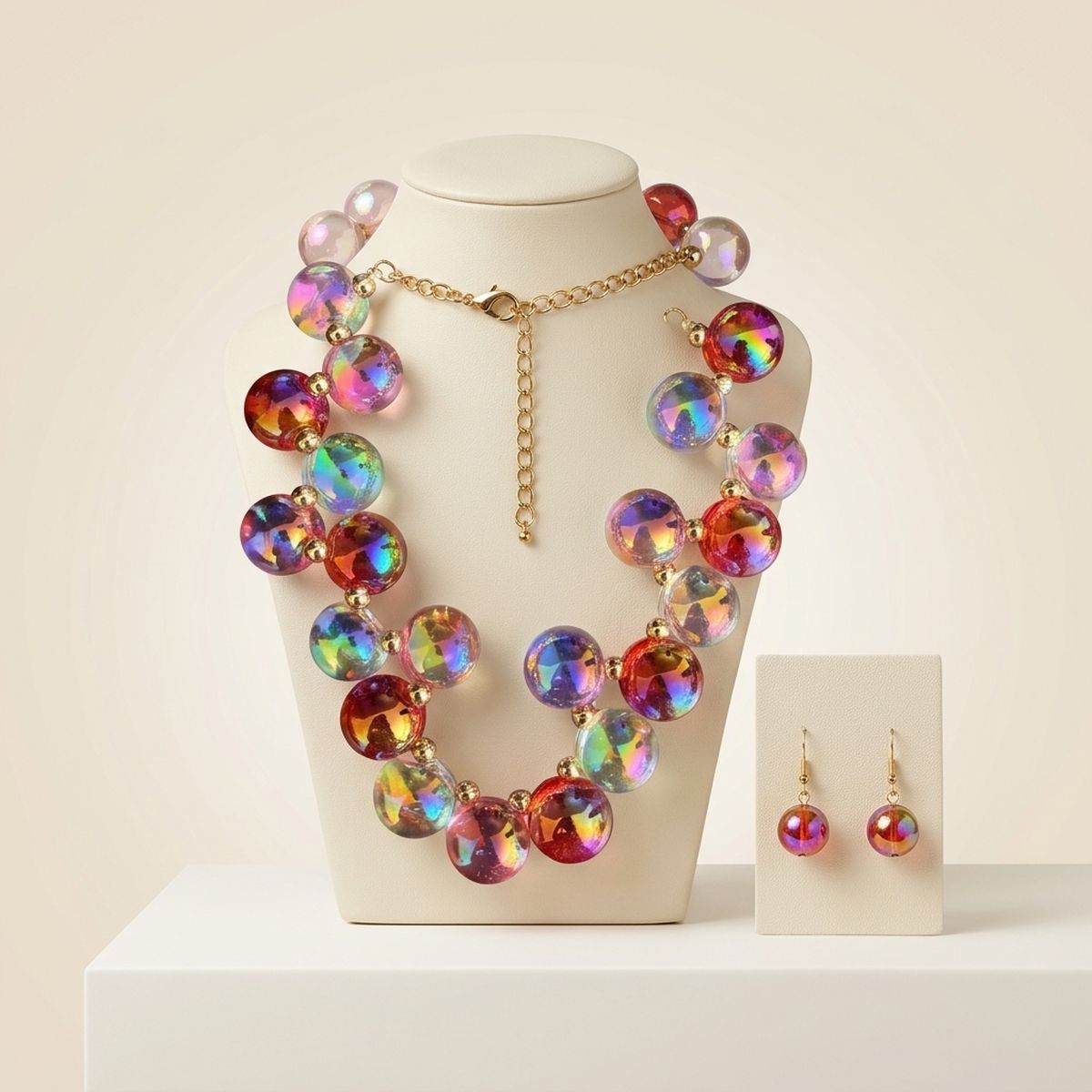 Red & Pink Mix Iridescent Bubble Ball Bead Necklace