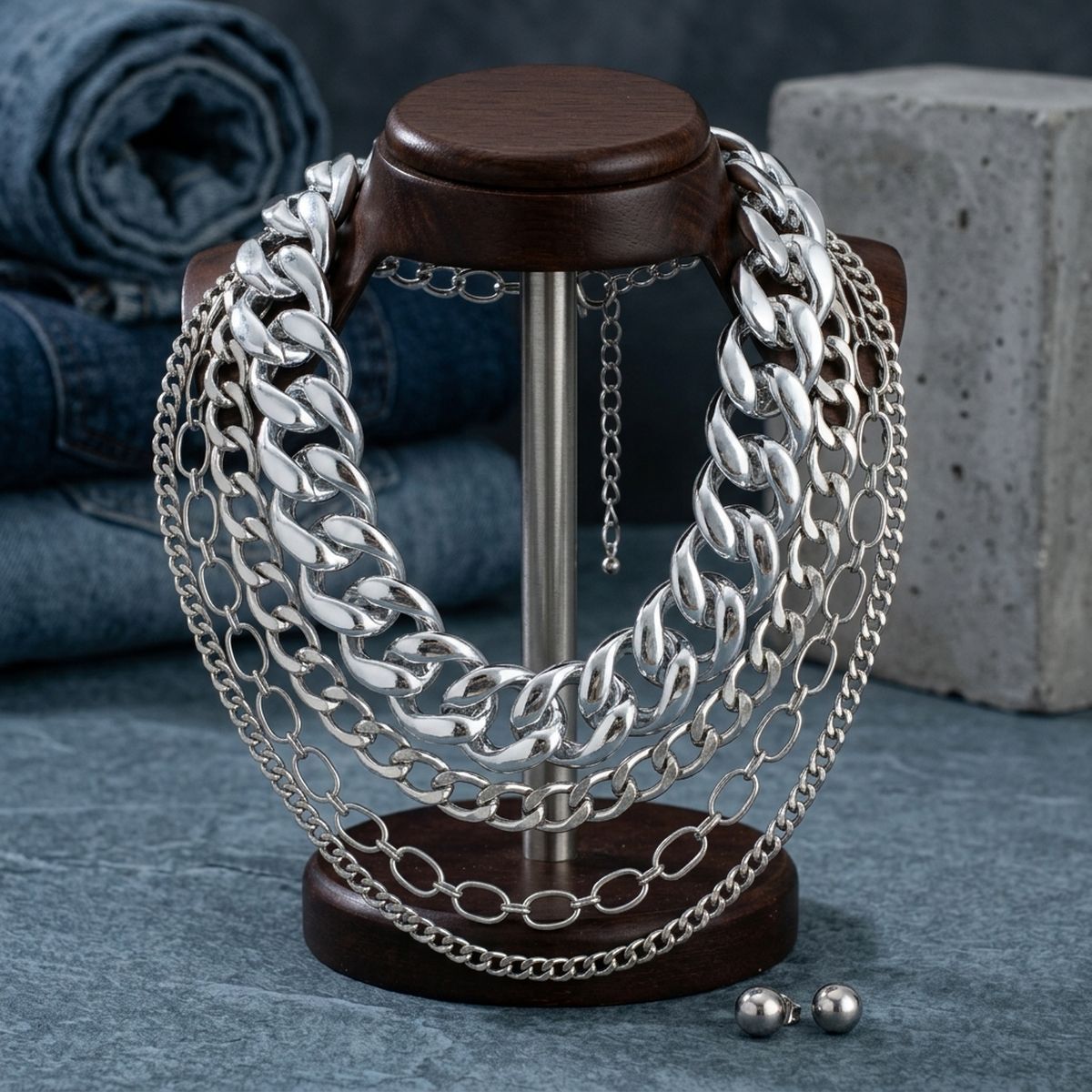 Silver Multi Link Style 4 Layer Chain Necklace