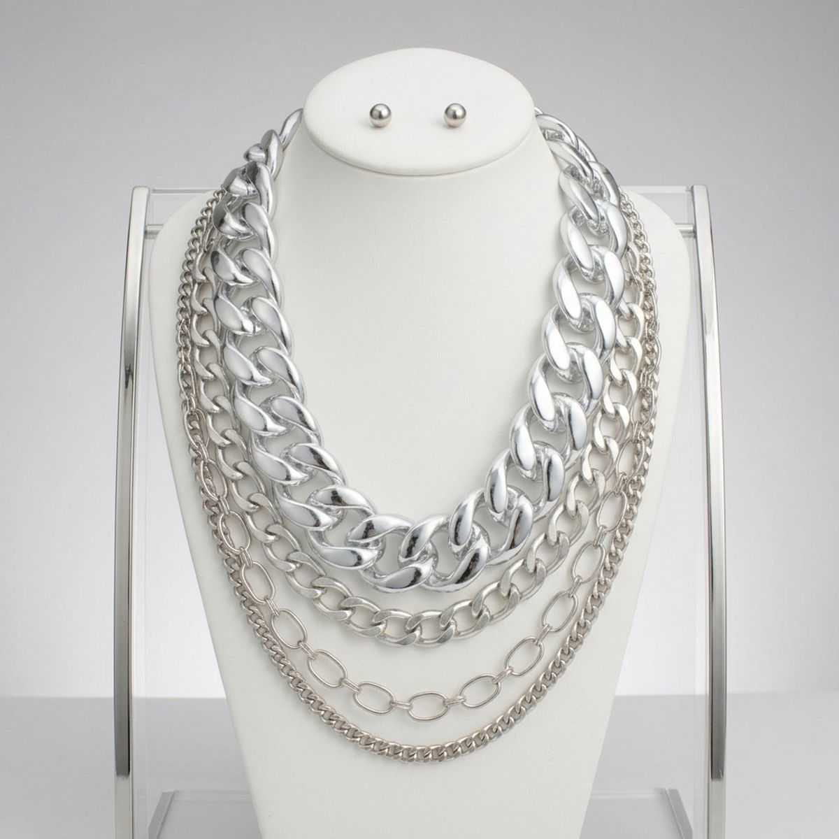 Silver Multi Link Style 4 Layer Chain Necklace