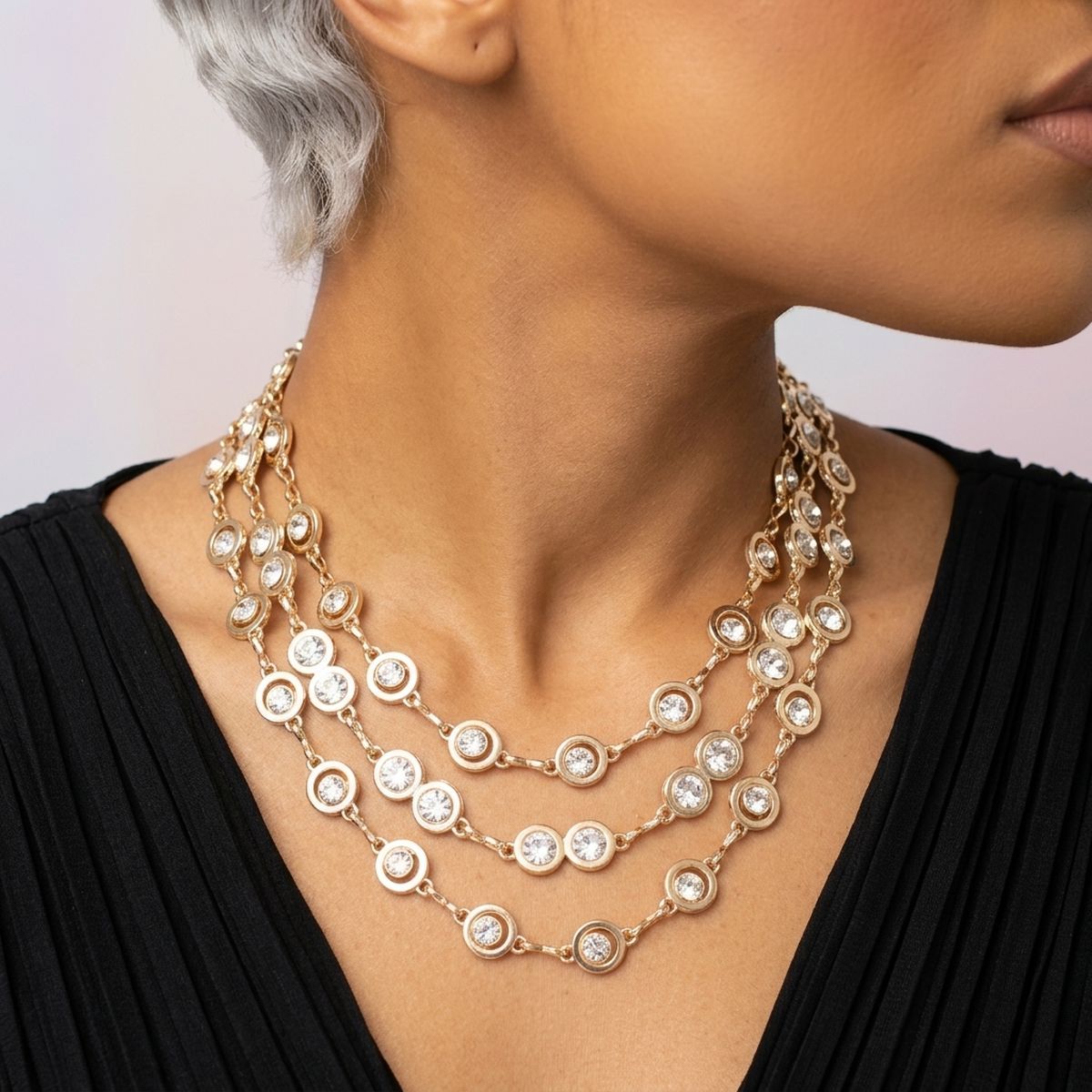 Gold 3 Layer Bezel Crystal Station Chain Necklace