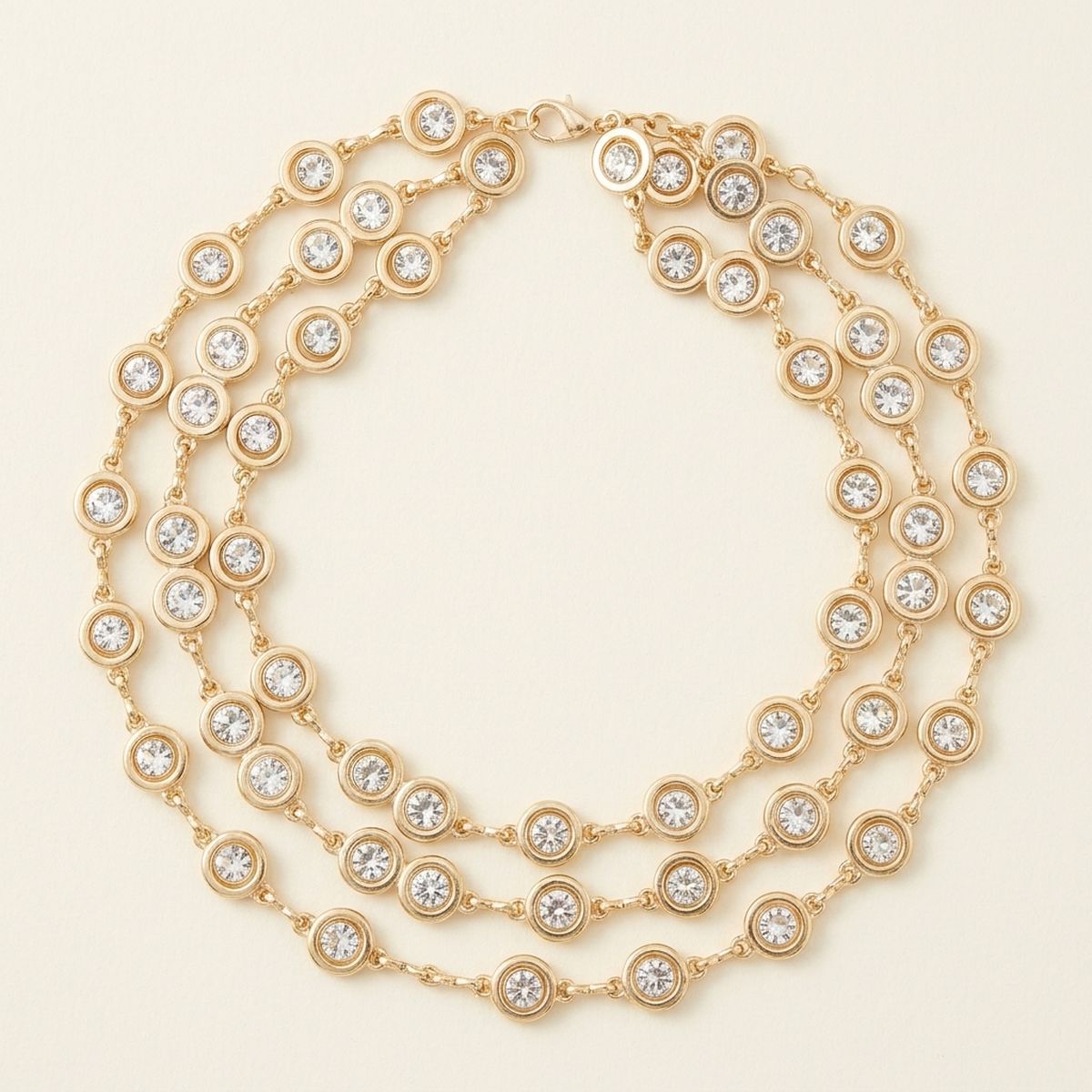 Gold 3 Layer Bezel Crystal Station Chain Necklace