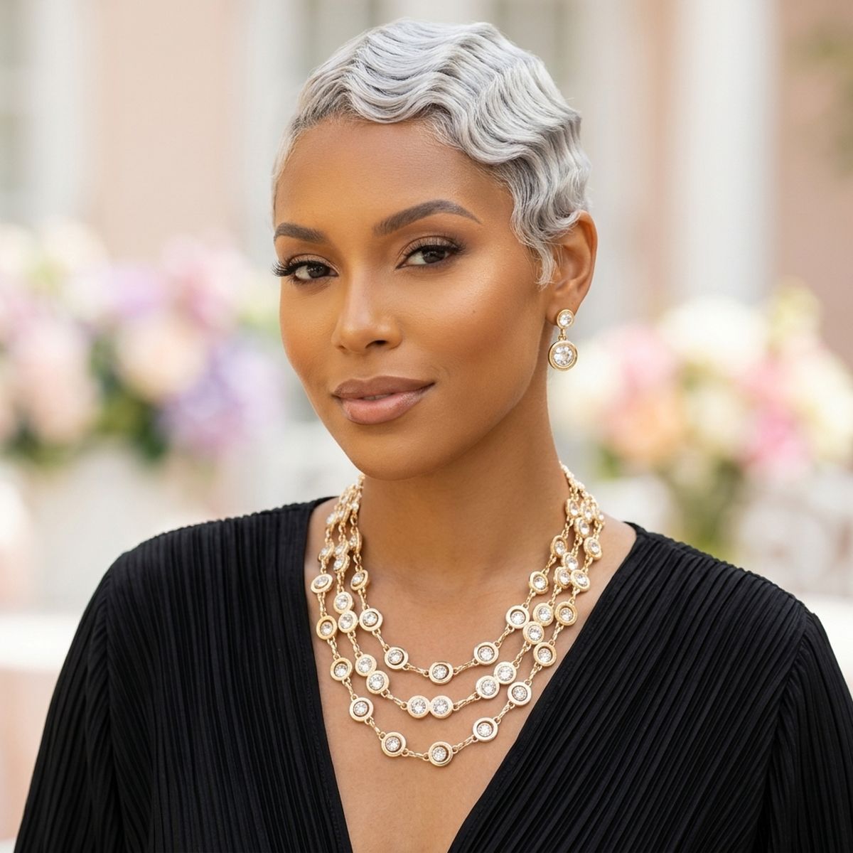 Gold 3 Layer Bezel Crystal Station Chain Necklace