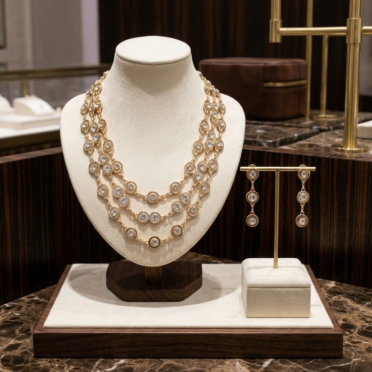 Gold 3 Layer Bezel Crystal Station Chain Necklace