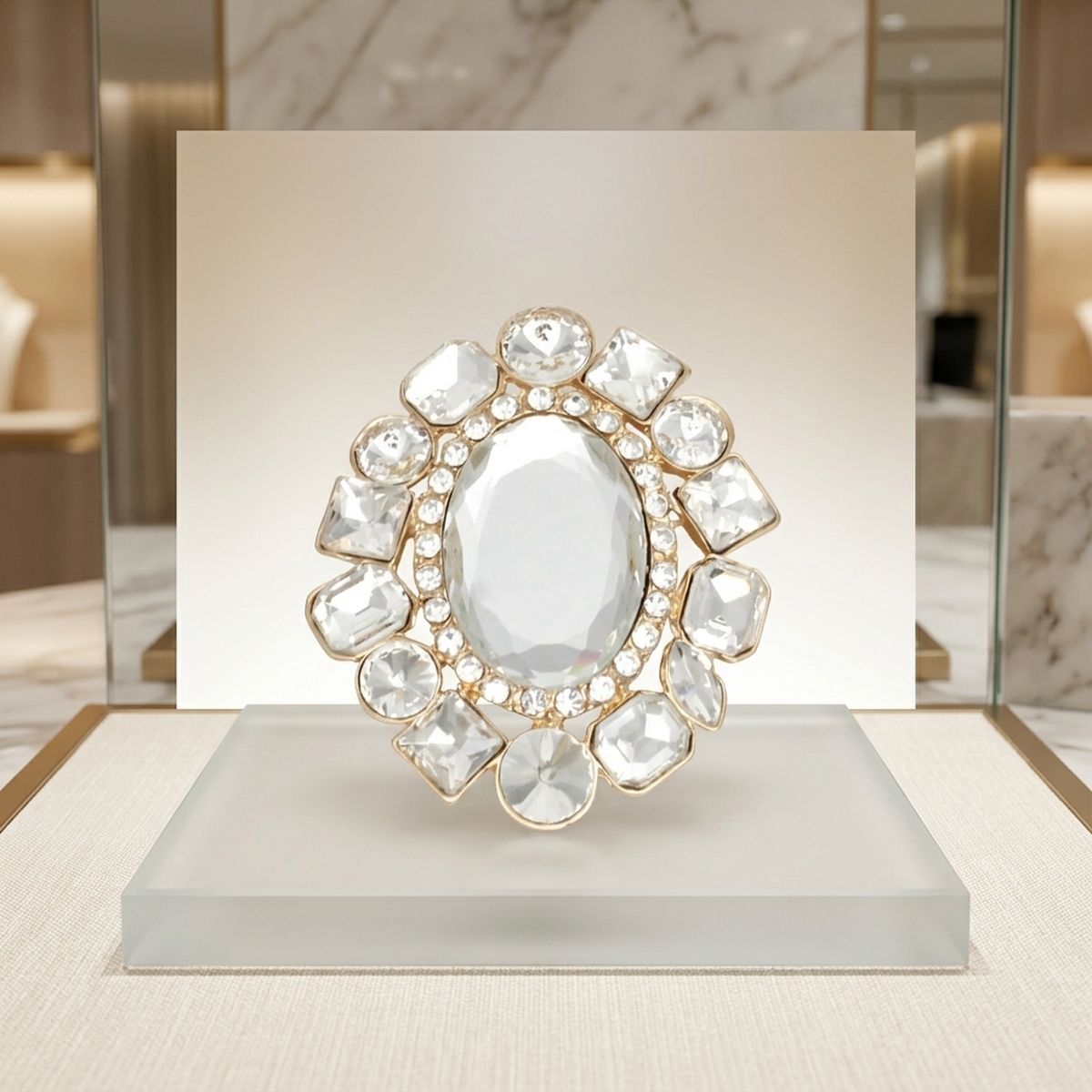 Oval Brooch Gold and Clear Glass Brilliant Pin