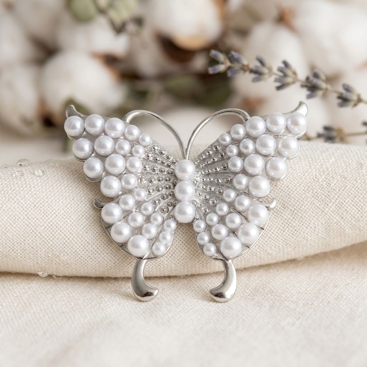 Silver Butterfly Large Brooch Pin with Pearls