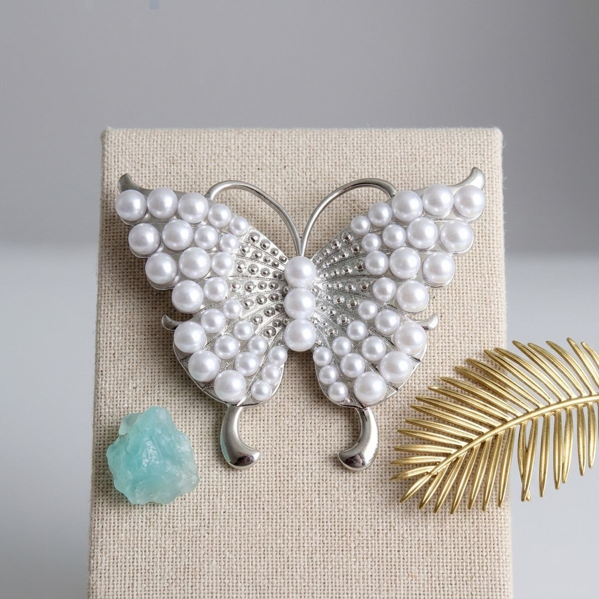 Silver Butterfly Large Brooch Pin with Pearls