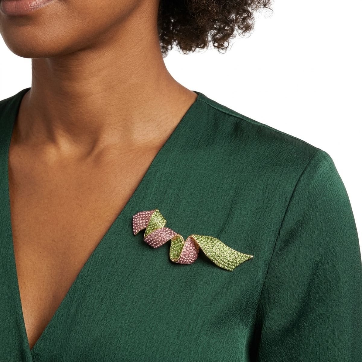 Encrusted Brooch AKA Pink Green Flowy Ribbon Pin