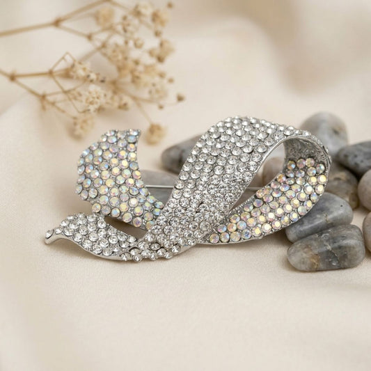 Encrusted Brooch Silver Flowing Ribbon Stone Pin