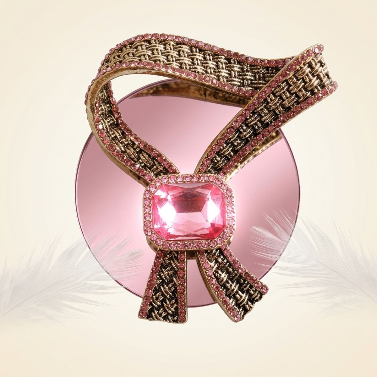 Antique Gold Pink Crystal Woven Ribbon Brooch