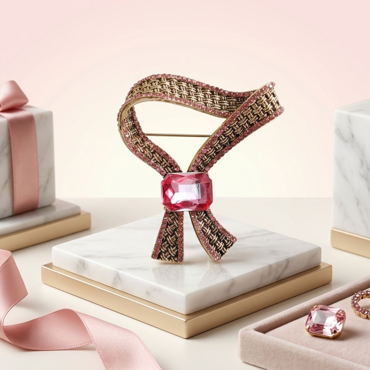 Antique Gold Pink Crystal Woven Ribbon Brooch