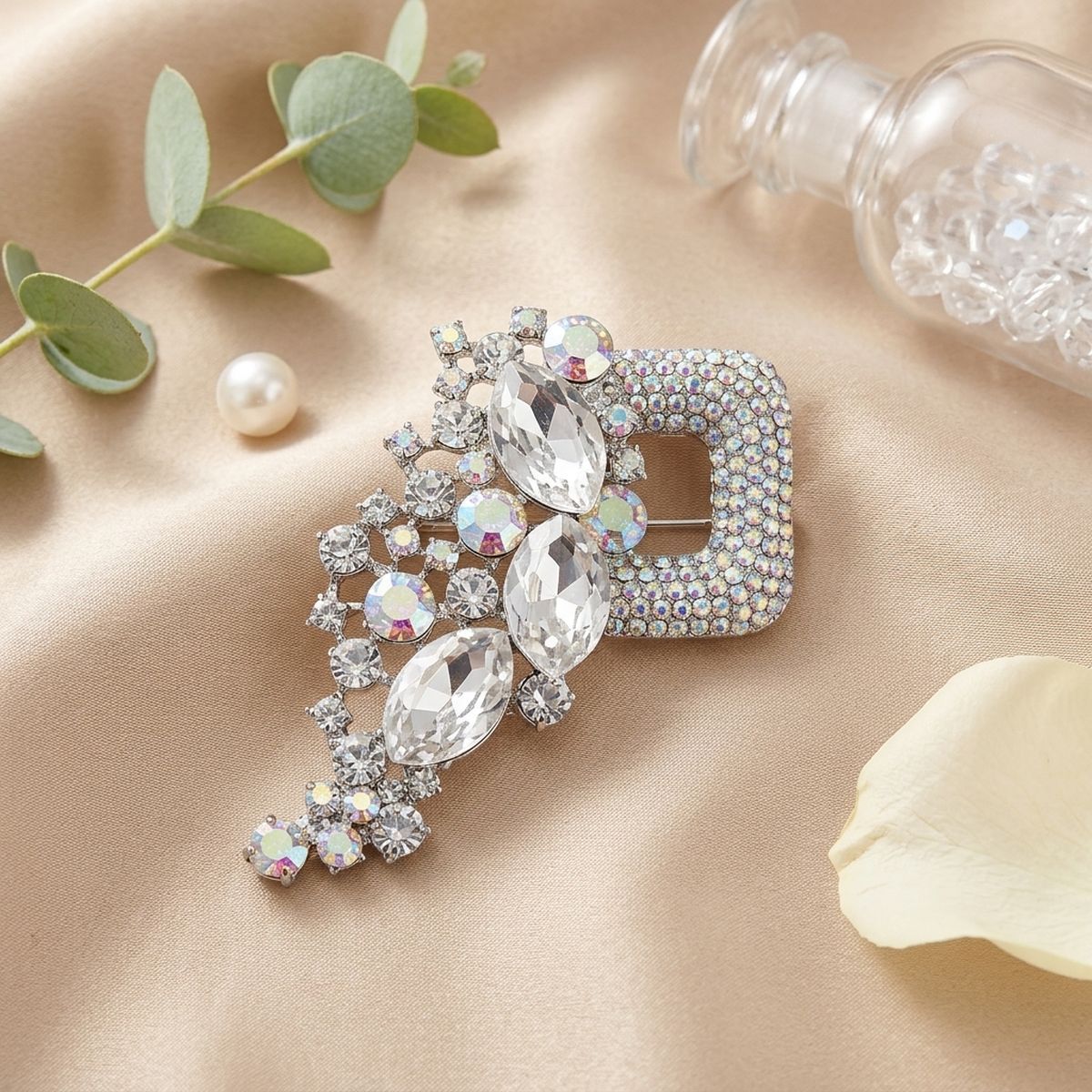 Aurbo Silver Cascading Crystal Square Brooch Pin