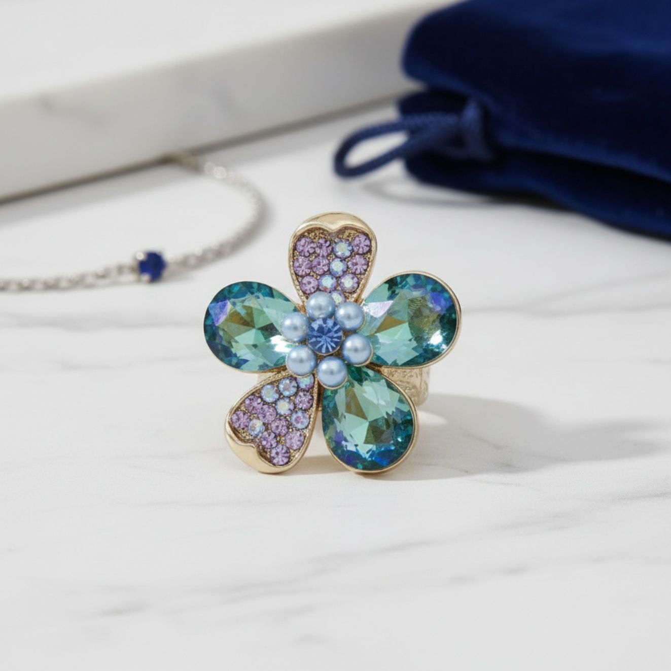 Cocktail Ring Mixed Blue Teardrop Crystal Flower