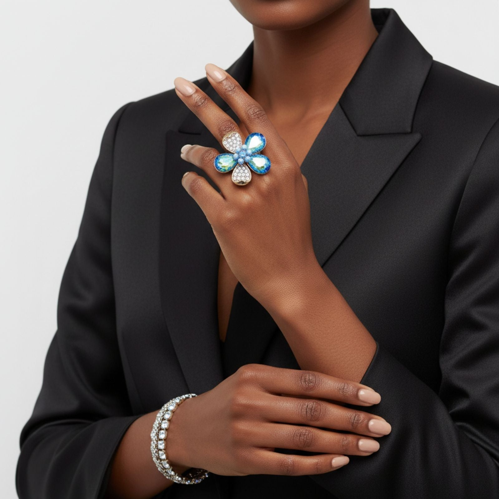 Cocktail Ring Mixed Blue Teardrop Crystal Flower