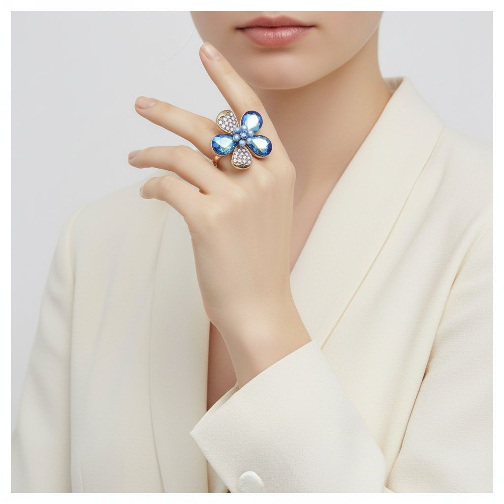 Cocktail Ring Mixed Blue Teardrop Crystal Flower