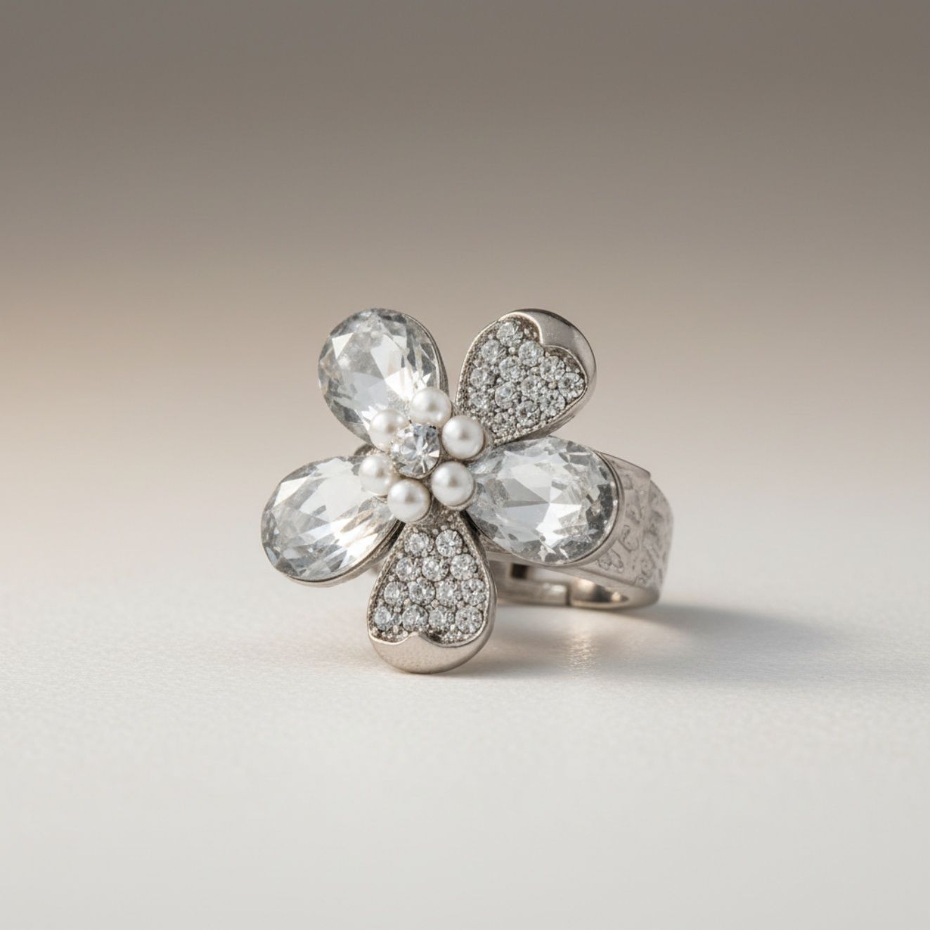 Cocktail Ring Silver Teardrop Crystal Flower Design