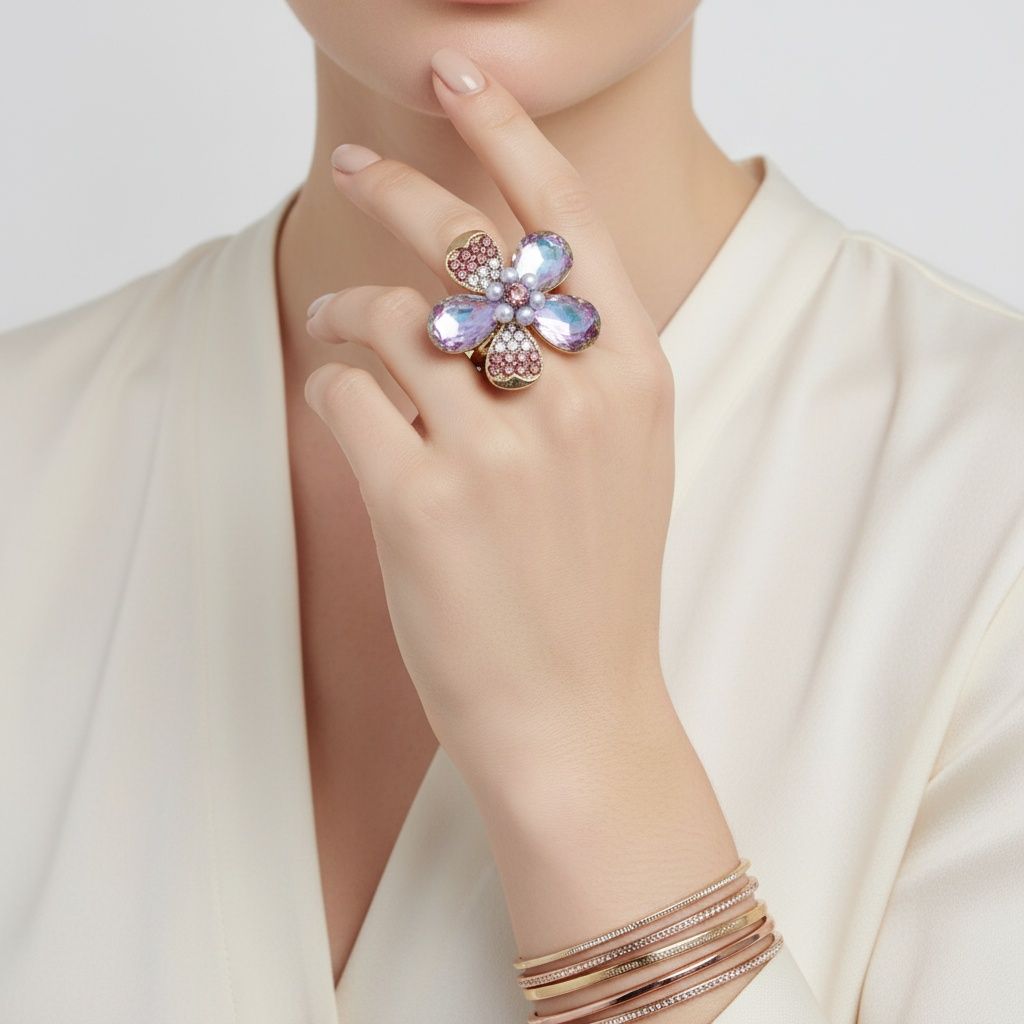 Cocktail Ring Mixed Purple Teardrop Crystal Flower