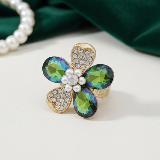 Cocktail Ring Mixed Green Teardrop Crystal Flower