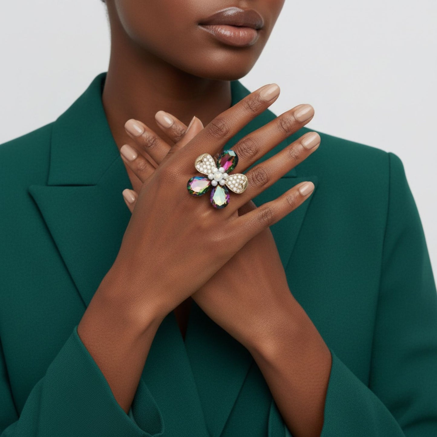 Cocktail Ring Mixed Green Teardrop Crystal Flower