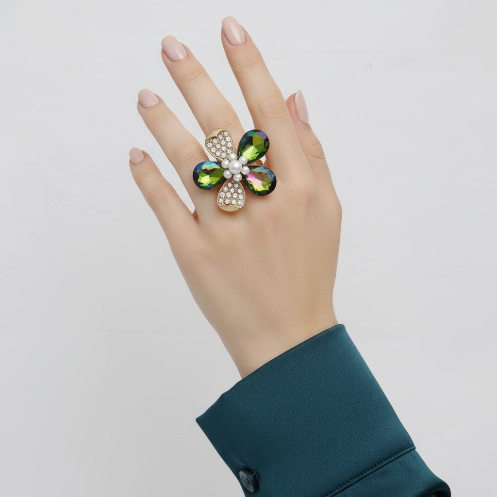 Cocktail Ring Mixed Green Teardrop Crystal Flower