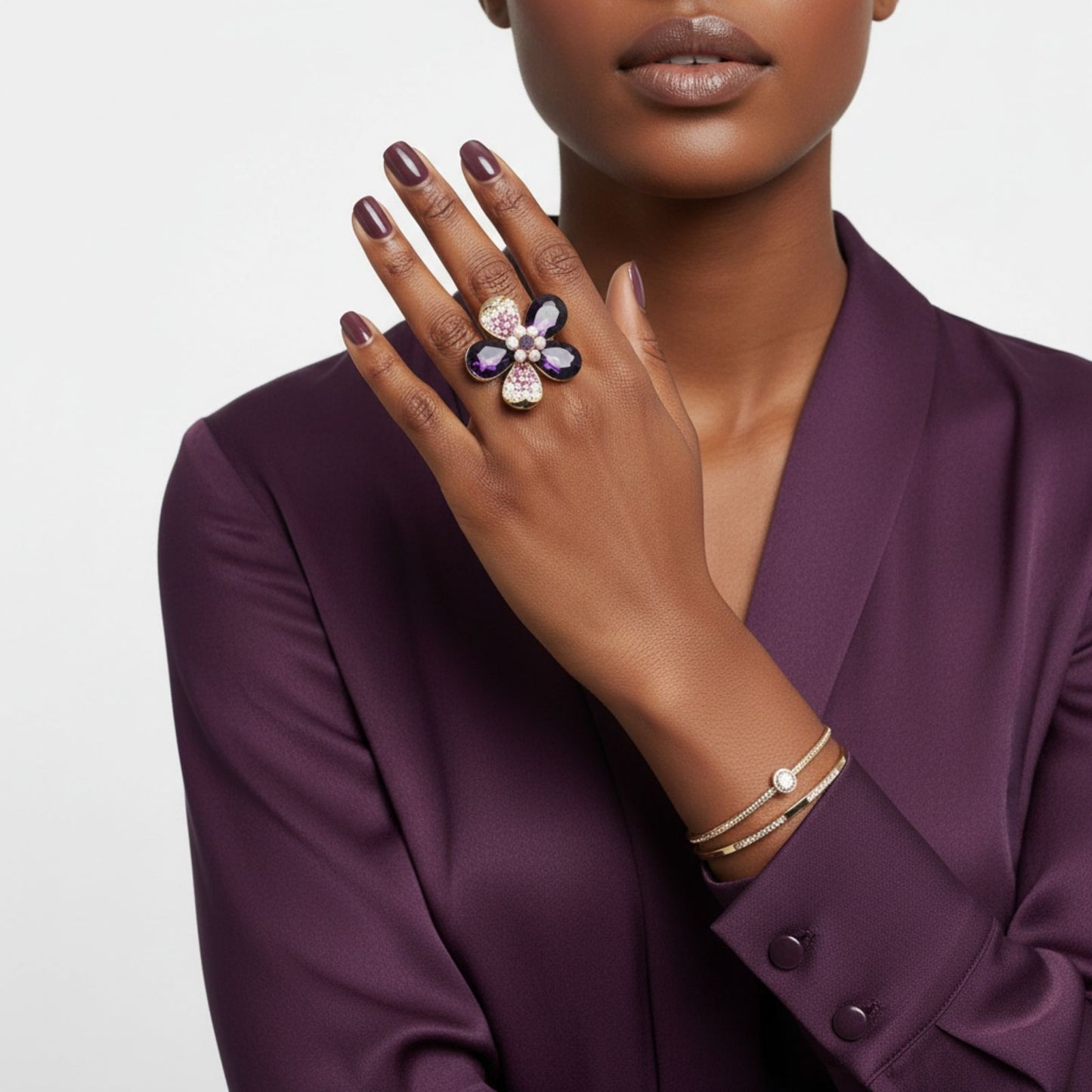 Cocktail Ring Purple Teardrop Crystal Flower Design