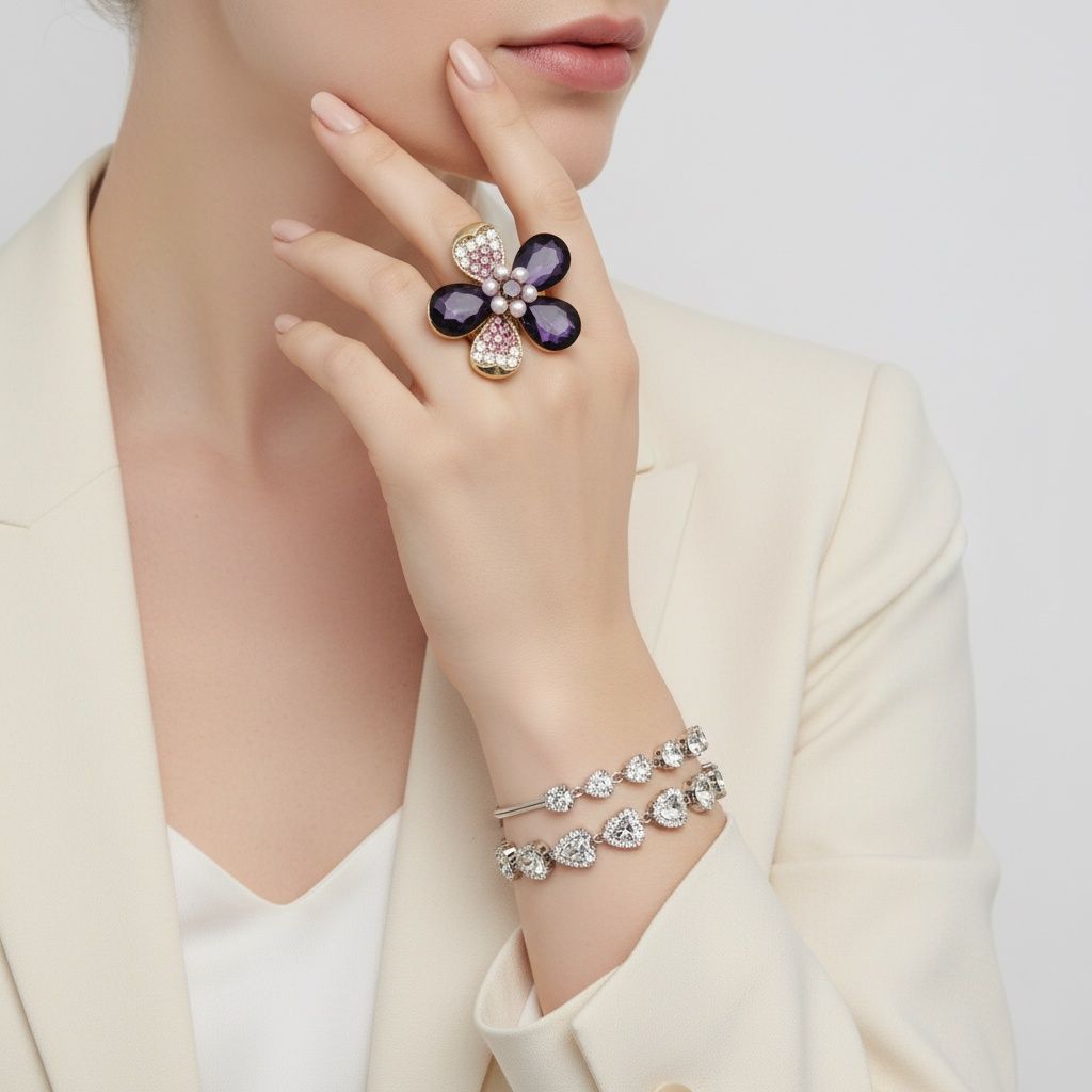 Cocktail Ring Purple Teardrop Crystal Flower Design