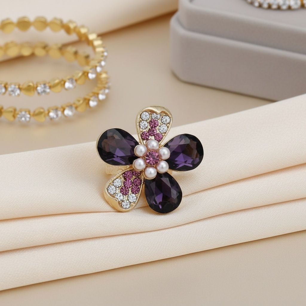 Cocktail Ring Purple Teardrop Crystal Flower Design