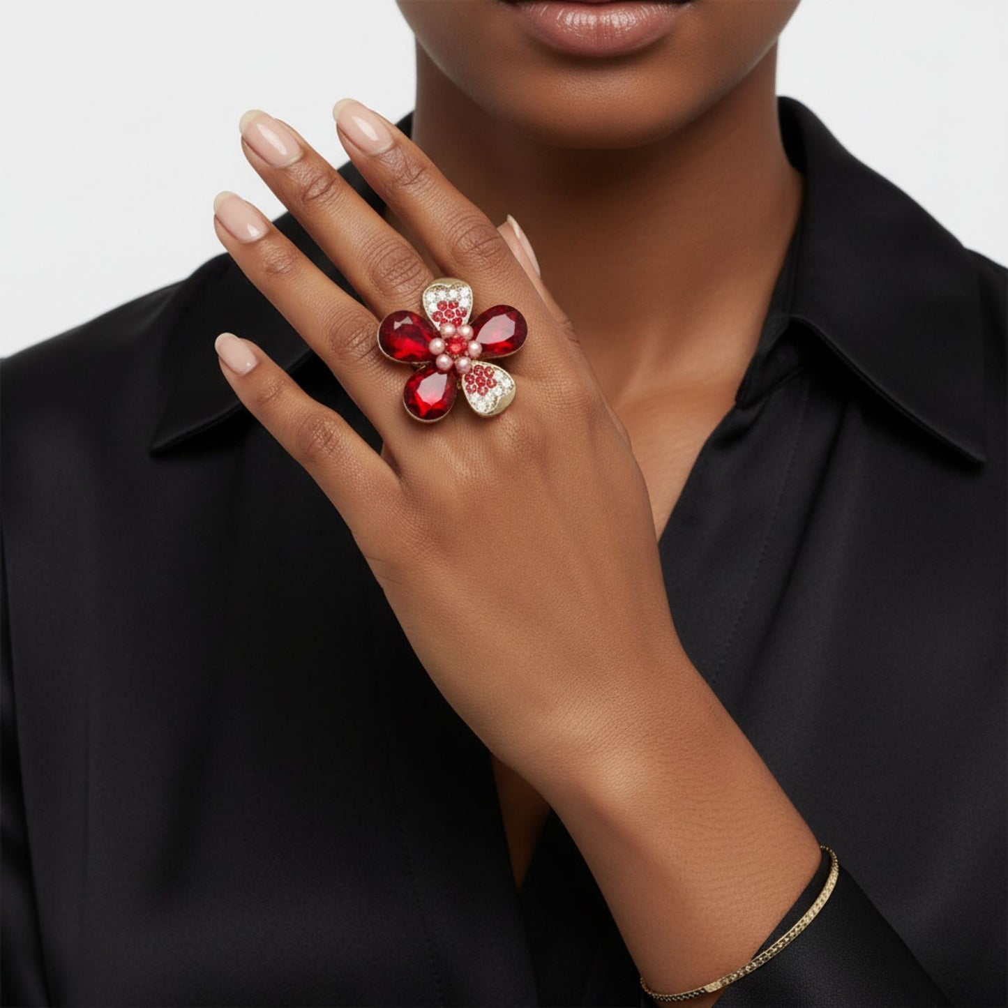 Cocktail Ring Red Teardrop Crystal Flower Design