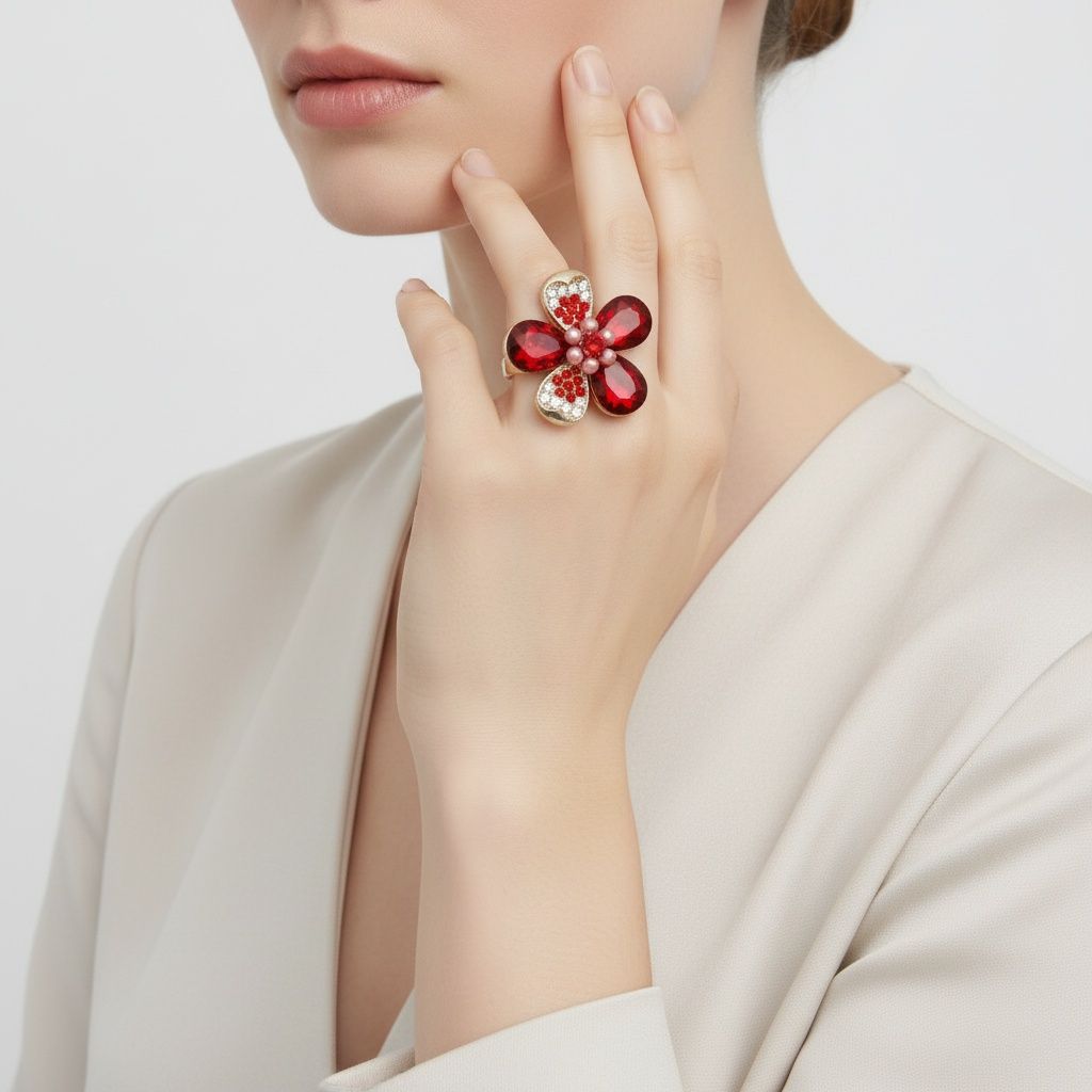 Cocktail Ring Red Teardrop Crystal Flower Design