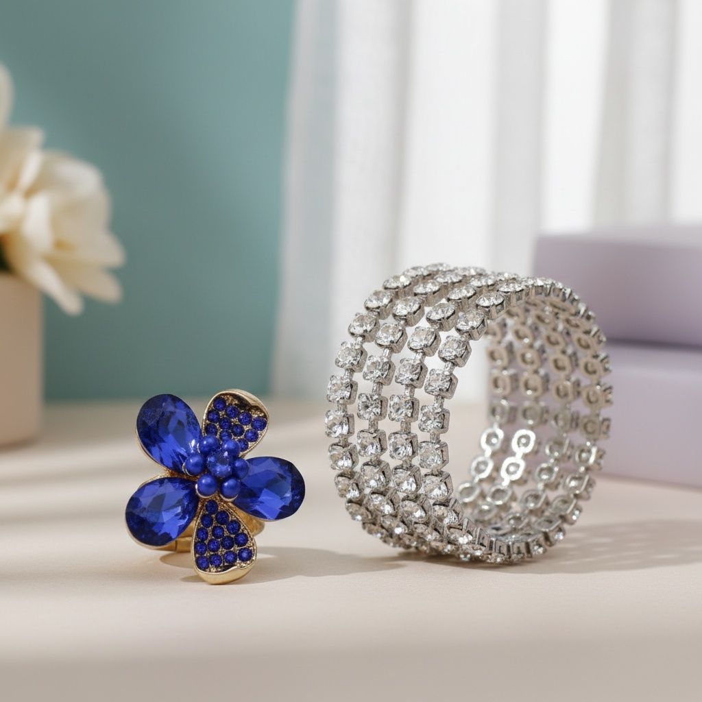 Cocktail Ring Blue Teardrop Crystal Flower Design