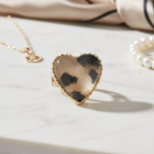 Chunky Heart Leopard Print Stretch Cocktail Ring