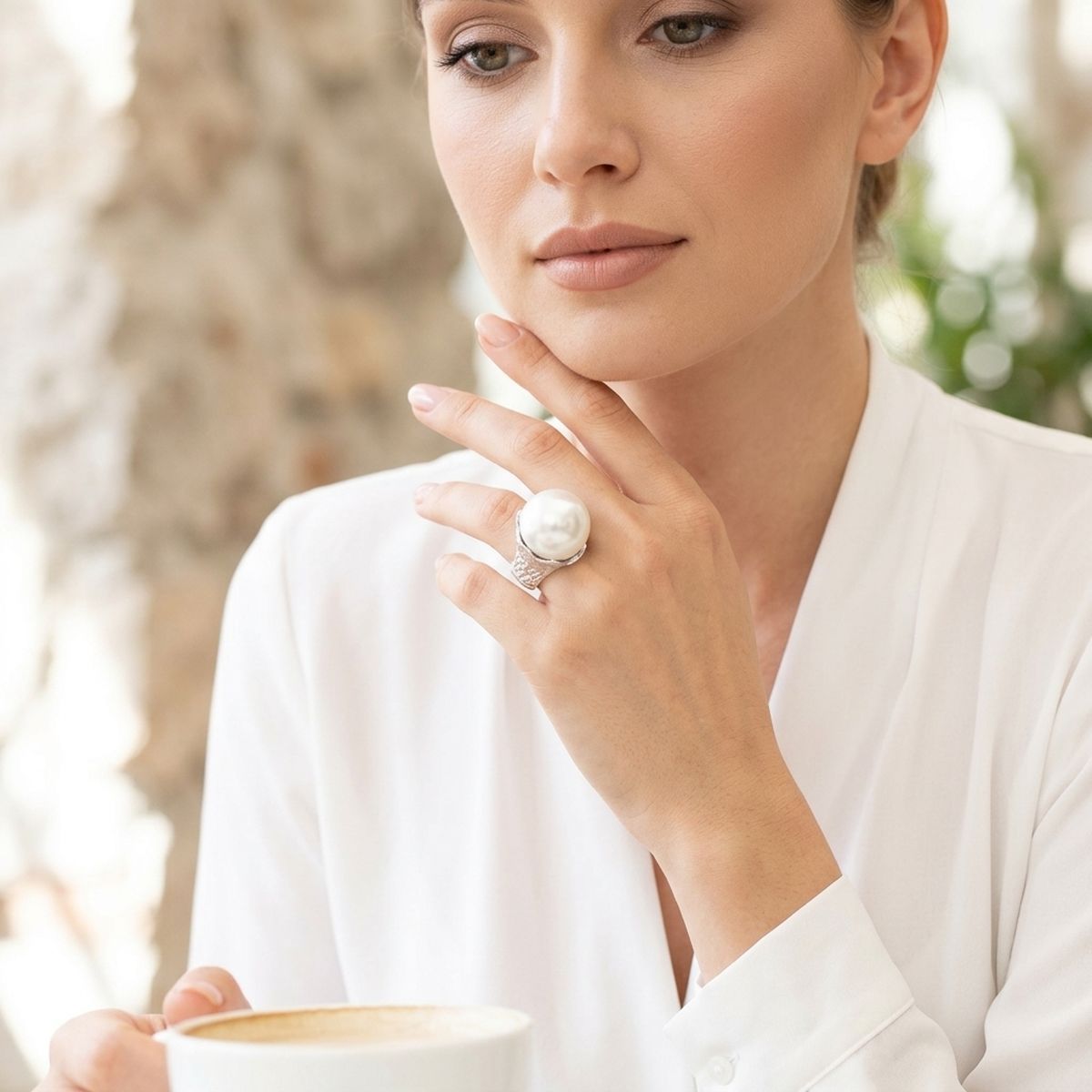 Jumbo White Faux Pearl Stretch Cocktail Ring