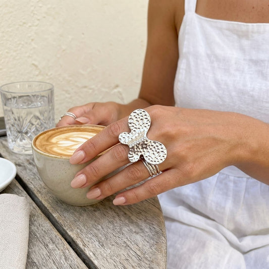 Silver Hammered Butterfly Large Cocktail Ring