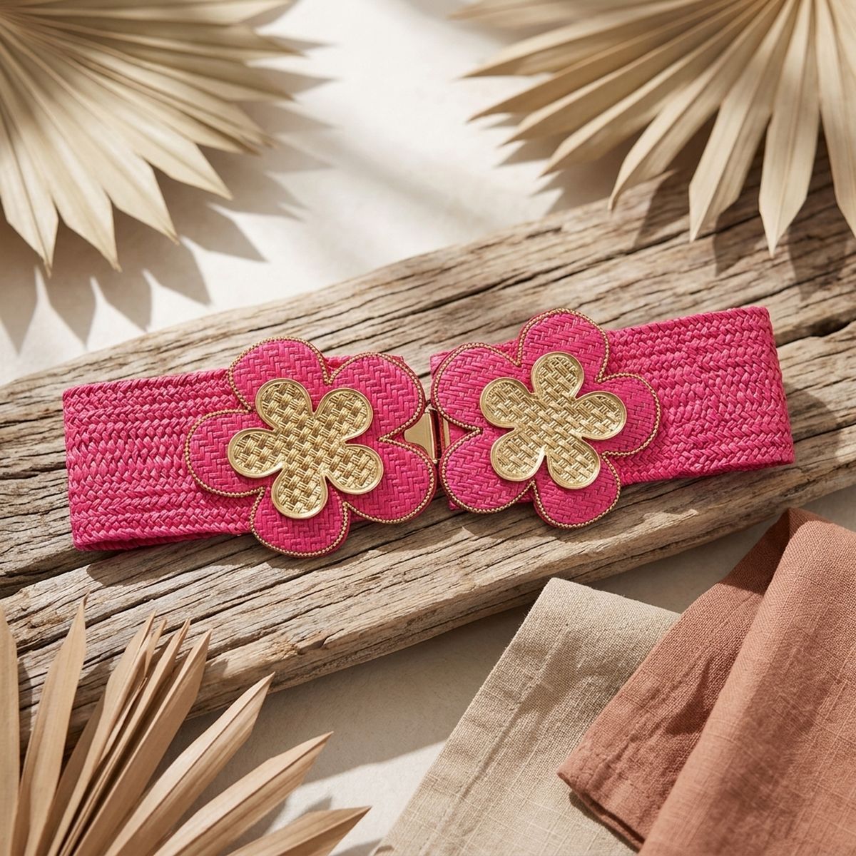 Stretch Belt Raffia Fuchsia Flower for Women