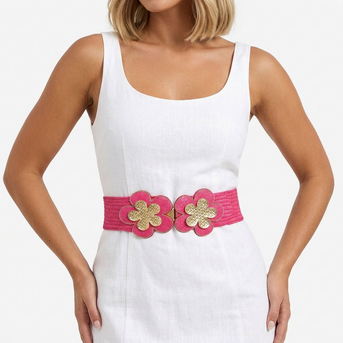 Stretch Belt Raffia Fuchsia Flower for Women