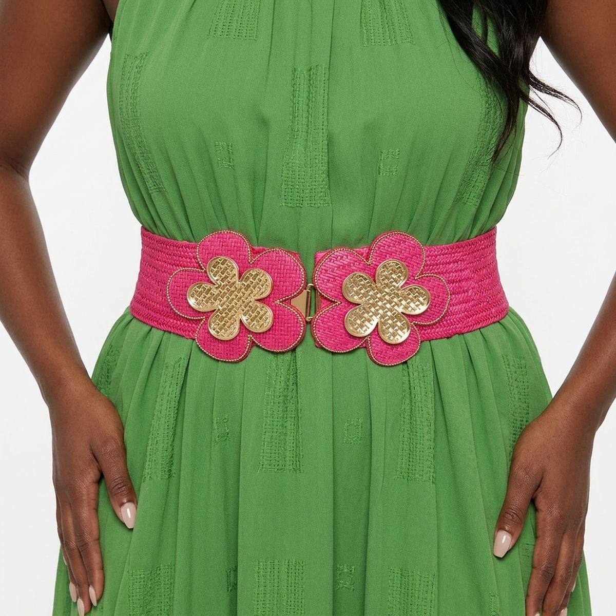 Stretch Belt Raffia Fuchsia Flower for Women
