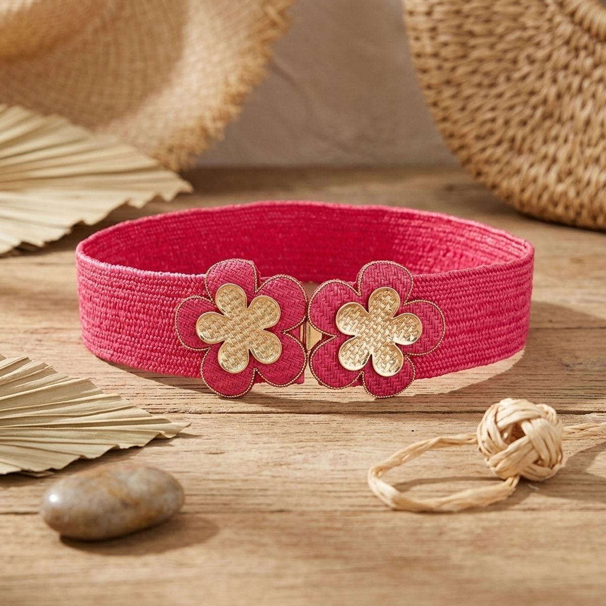 Stretch Belt Raffia Fuchsia Flower for Women