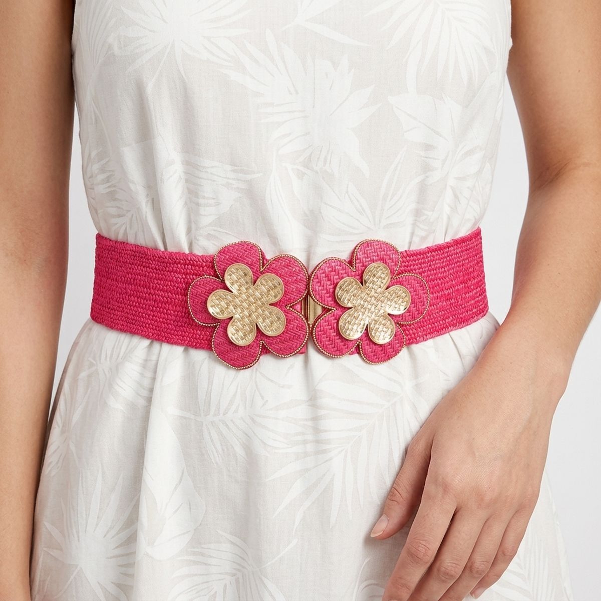 Stretch Belt Raffia Fuchsia Flower for Women