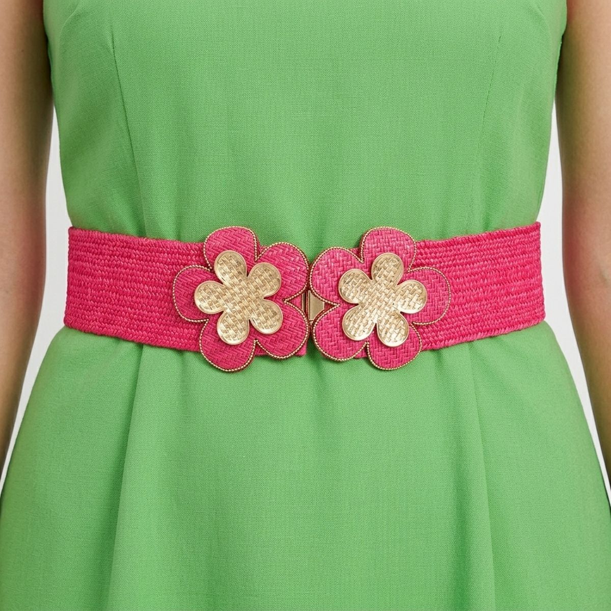 Stretch Belt Raffia Fuchsia Flower for Women