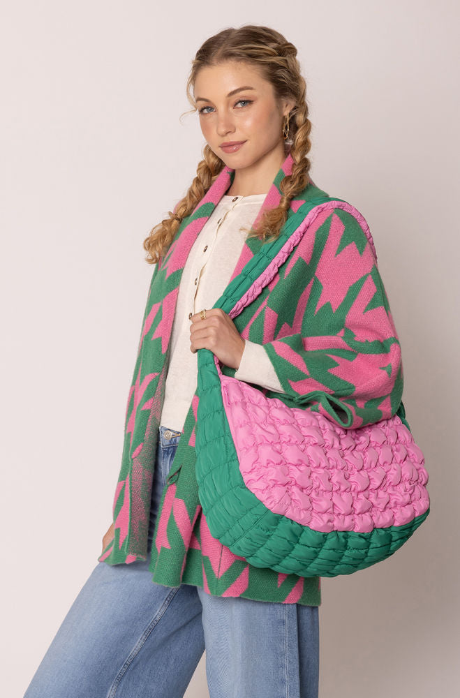 AKA Sorority Large Pink Green Quilted Shoulder Bag