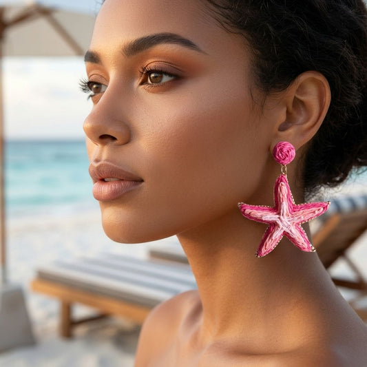 Layered Fuchsia Pink Raffia Starfish Drop Earrings