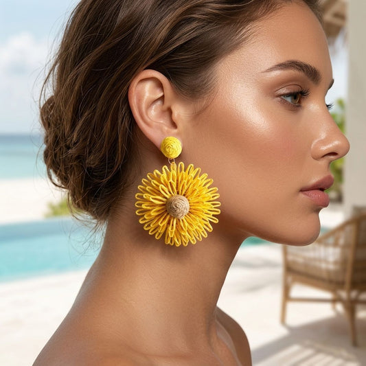 Looped Sunny Yellow Raffia Sunflower Drop Earrings