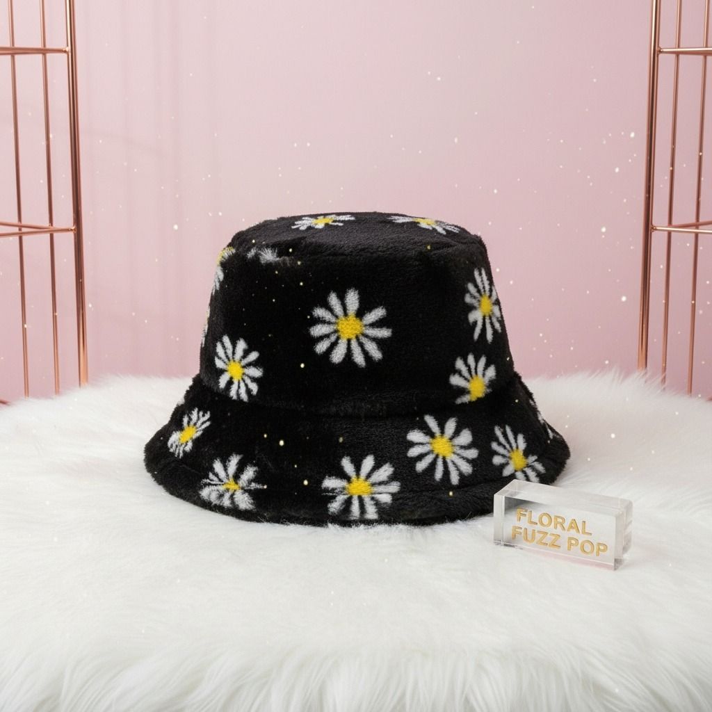 Black Floral Faux Fur Bucket Hat