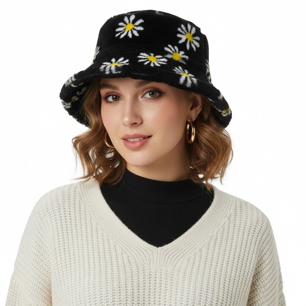 Black Floral Faux Fur Bucket Hat