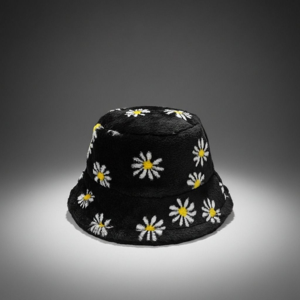 Black Floral Faux Fur Bucket Hat