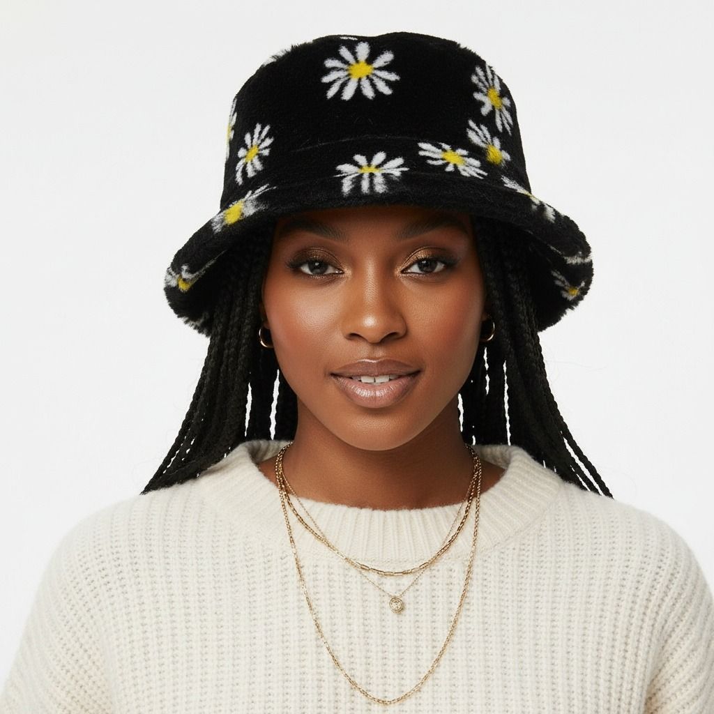 Black Floral Faux Fur Bucket Hat
