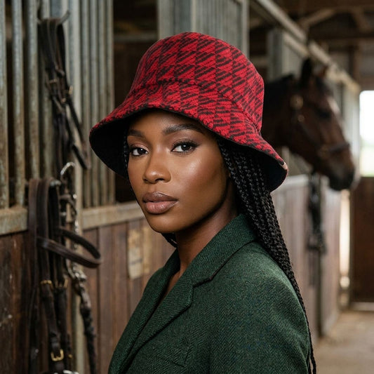 Red Geo Pattern Topstitch Bucket Hat