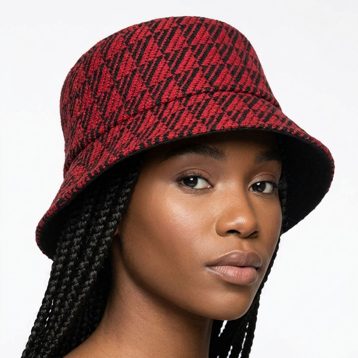 Red Geo Pattern Topstitch Bucket Hat